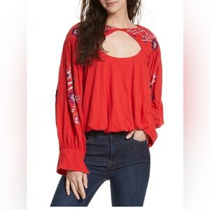 Free People Red Embroidered Long Sleeve Cut Out Blouse Size Medium EUC